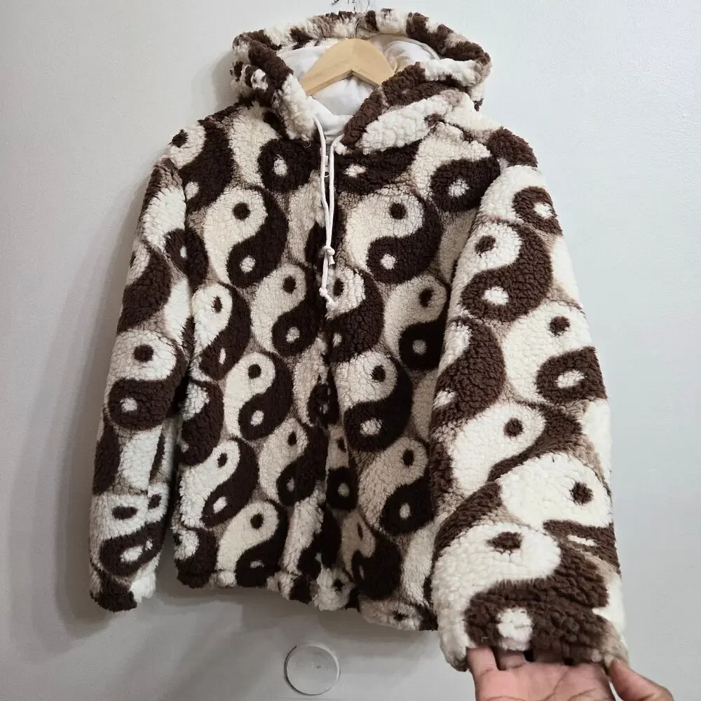 NWT PacSun Yin-Yang Sherpa Hoodie Jacket S Cozy Fleece Brown White Boho Hippie - Picture 2 of 10